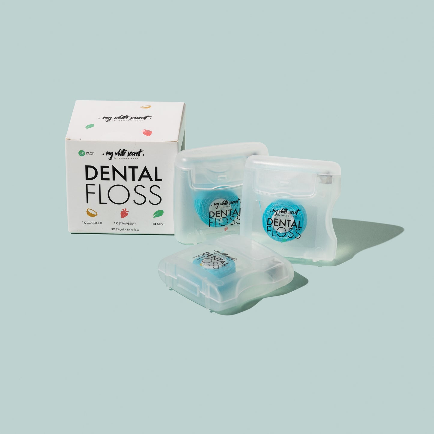Dental floss x 3 pack with incredable flavours sweet strawberry, soothing coconut, and refreshing mint.