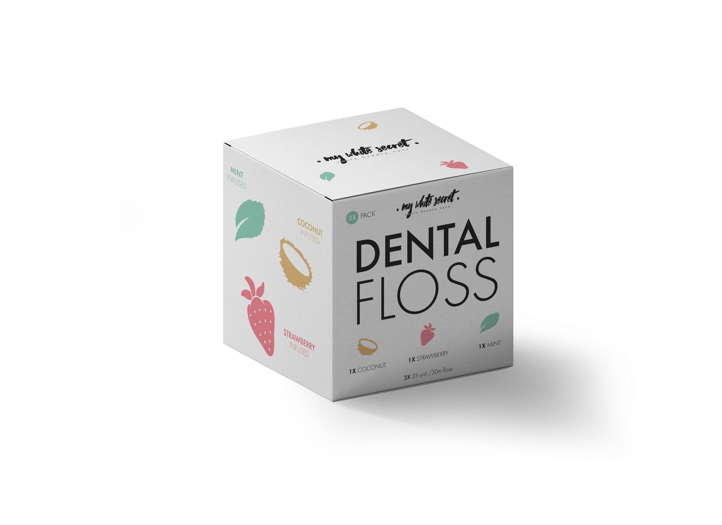 Dental floss x 3 pack with incredable flavours sweet strawberry, soothing coconut, and refreshing mint.